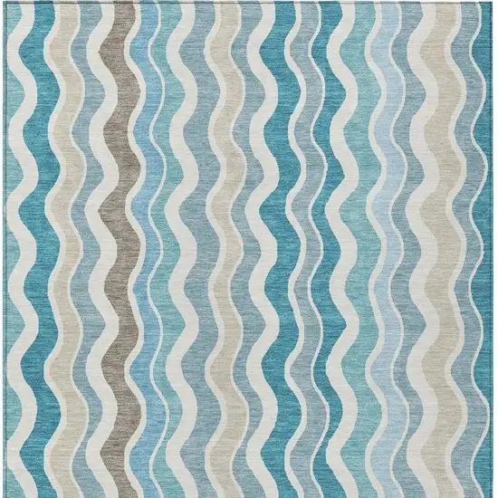 Teal Blue Ivory And Beige Striped Washable Indoor Outdoor Area Rug Photo 6