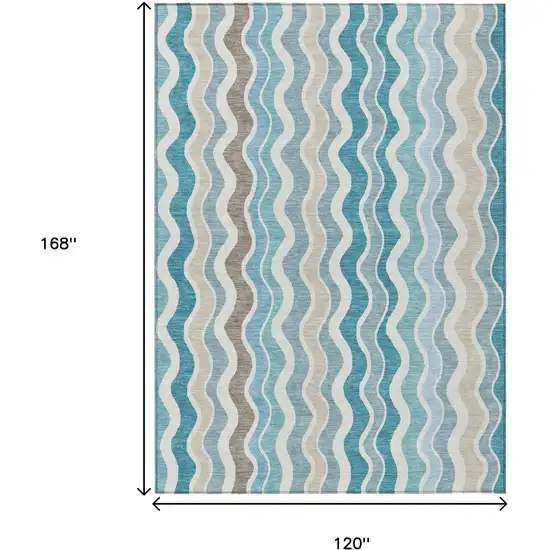 Teal Blue Ivory And Beige Striped Washable Indoor Outdoor Area Rug Photo 3