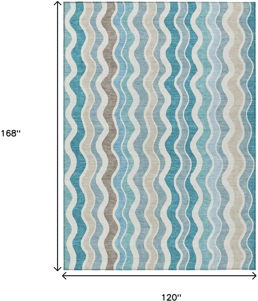 Teal Blue Ivory And Beige Striped Washable Indoor Outdoor Area Rug Photo 3