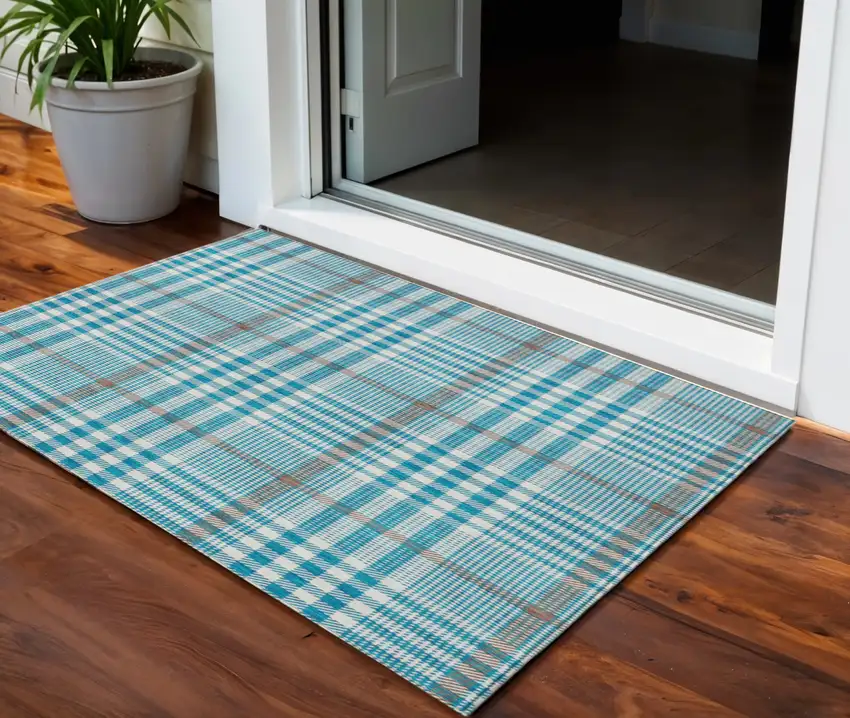 Teal Blue Ivory And Brown Plaid Washable Indoor Outdoor Area Rug Photo 1