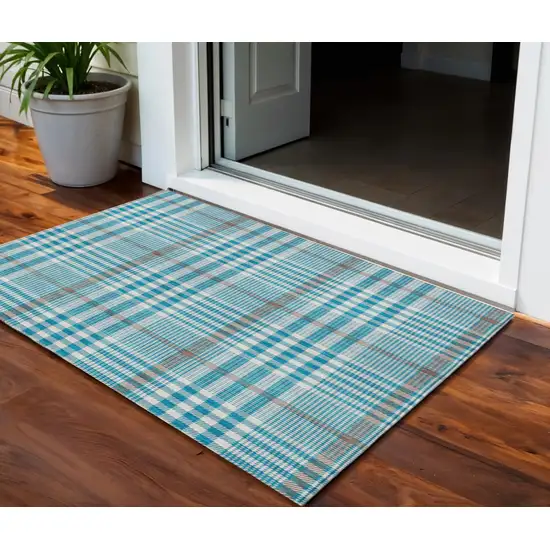 Teal Blue Ivory And Brown Plaid Washable Indoor Outdoor Area Rug Photo 1
