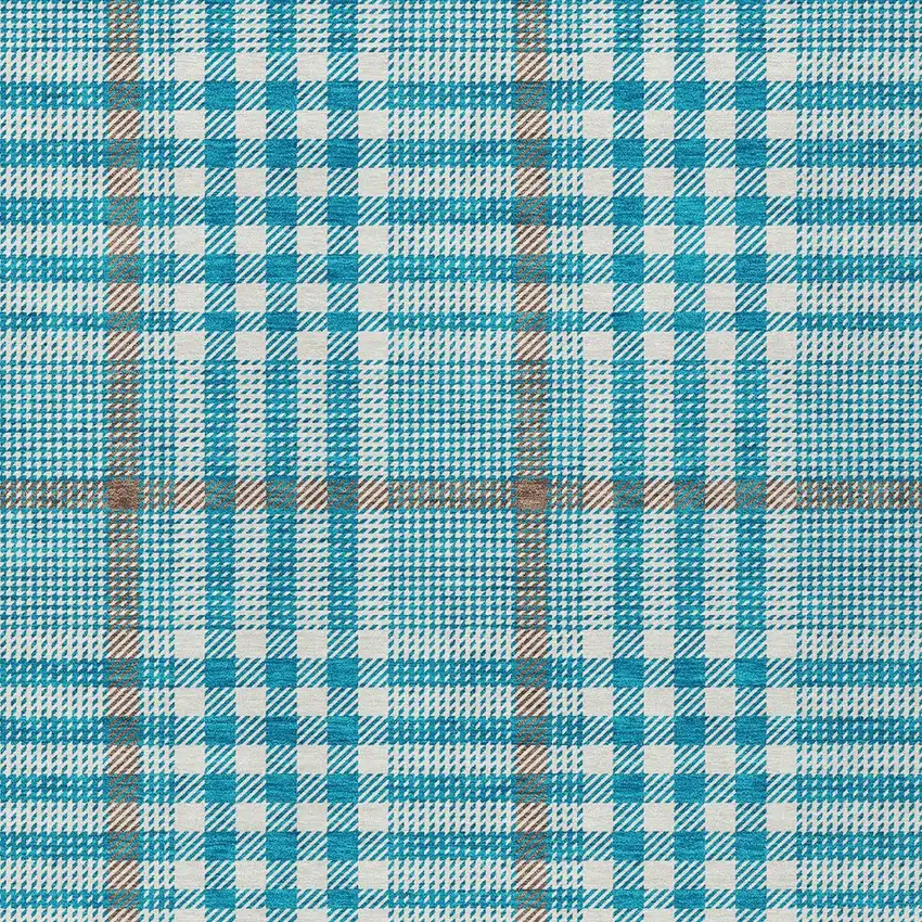 Teal Blue Ivory And Brown Plaid Washable Indoor Outdoor Area Rug Photo 5