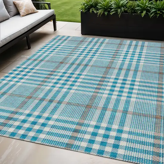 Teal Blue Ivory And Brown Plaid Washable Indoor Outdoor Area Rug Photo 1