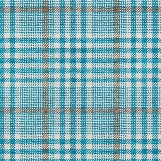 Teal Blue Ivory And Brown Plaid Washable Indoor Outdoor Area Rug Photo 5