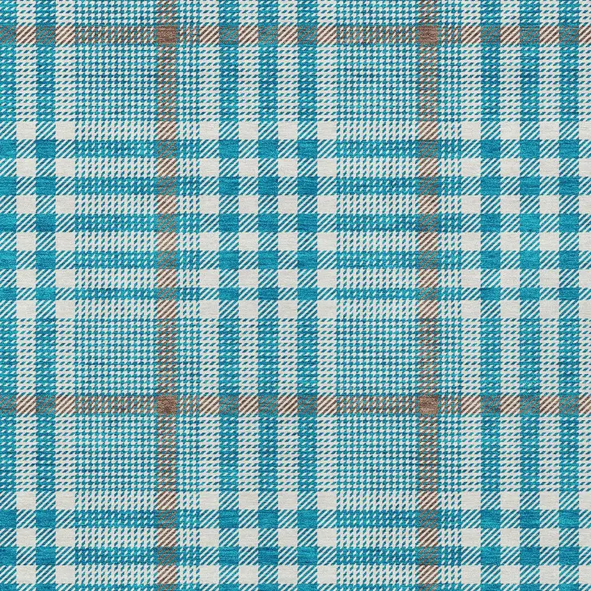 Teal Blue Ivory And Brown Plaid Washable Indoor Outdoor Area Rug Photo 5