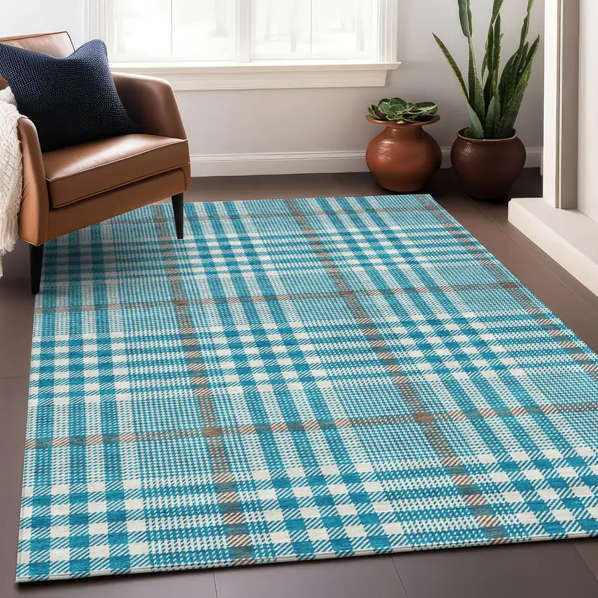 Teal Blue Ivory And Brown Plaid Washable Indoor Outdoor Area Rug Photo 8