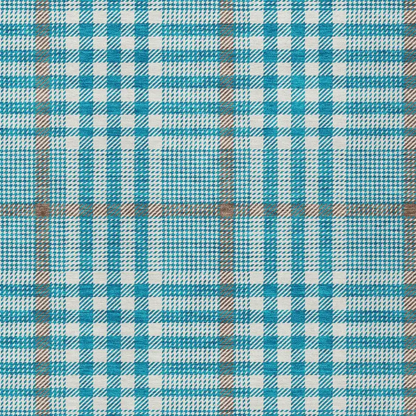 Teal Blue Ivory And Brown Plaid Washable Indoor Outdoor Area Rug Photo 5