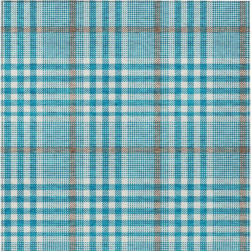 Teal Blue Ivory And Brown Plaid Washable Indoor Outdoor Area Rug Photo 6