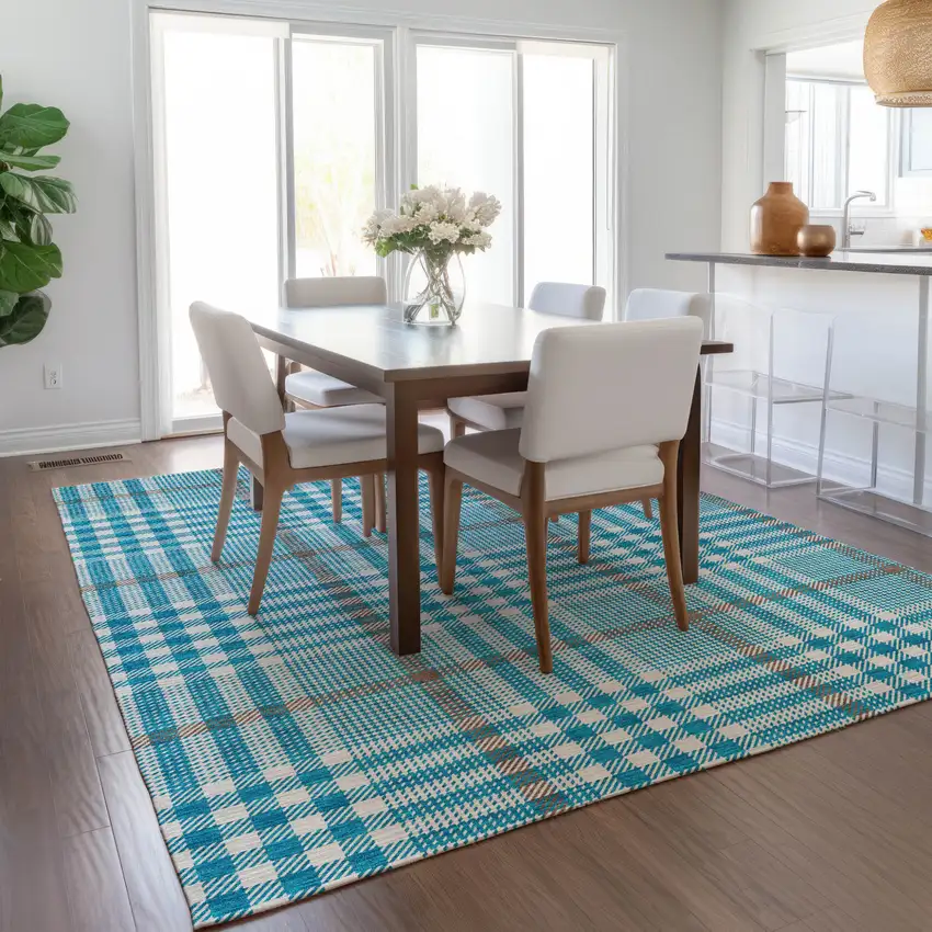 Teal Blue Ivory And Brown Plaid Washable Indoor Outdoor Area Rug Photo 9