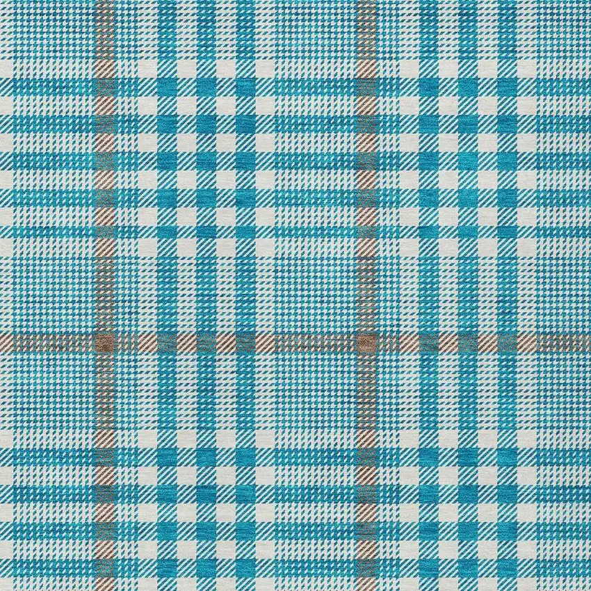 Teal Blue Ivory And Brown Plaid Washable Indoor Outdoor Area Rug Photo 5