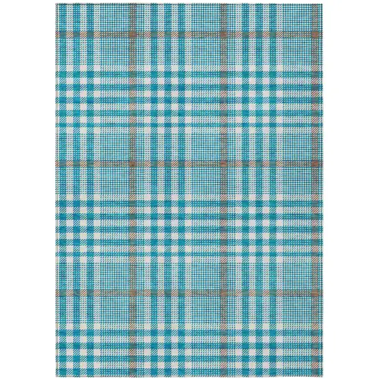 Teal Blue Ivory And Brown Plaid Washable Indoor Outdoor Area Rug Photo 2