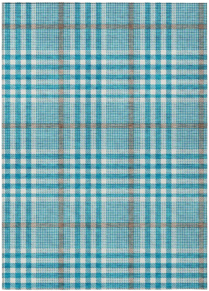 Teal Blue Ivory And Brown Plaid Washable Indoor Outdoor Area Rug Photo 2