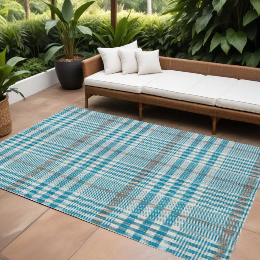 Teal Blue Ivory And Brown Plaid Washable Indoor Outdoor Area Rug Photo 1