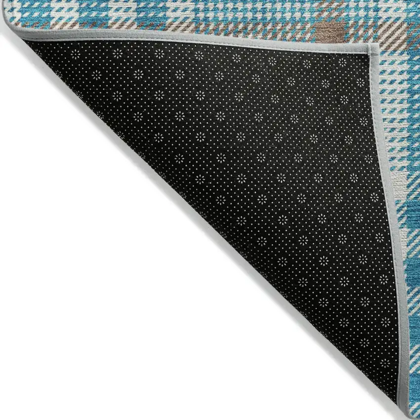 Teal Blue Ivory And Brown Plaid Washable Indoor Outdoor Area Rug Photo 3