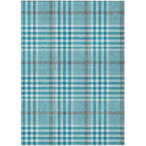 Photo of Teal Blue Ivory And Brown Plaid Washable Indoor Outdoor Area Rug