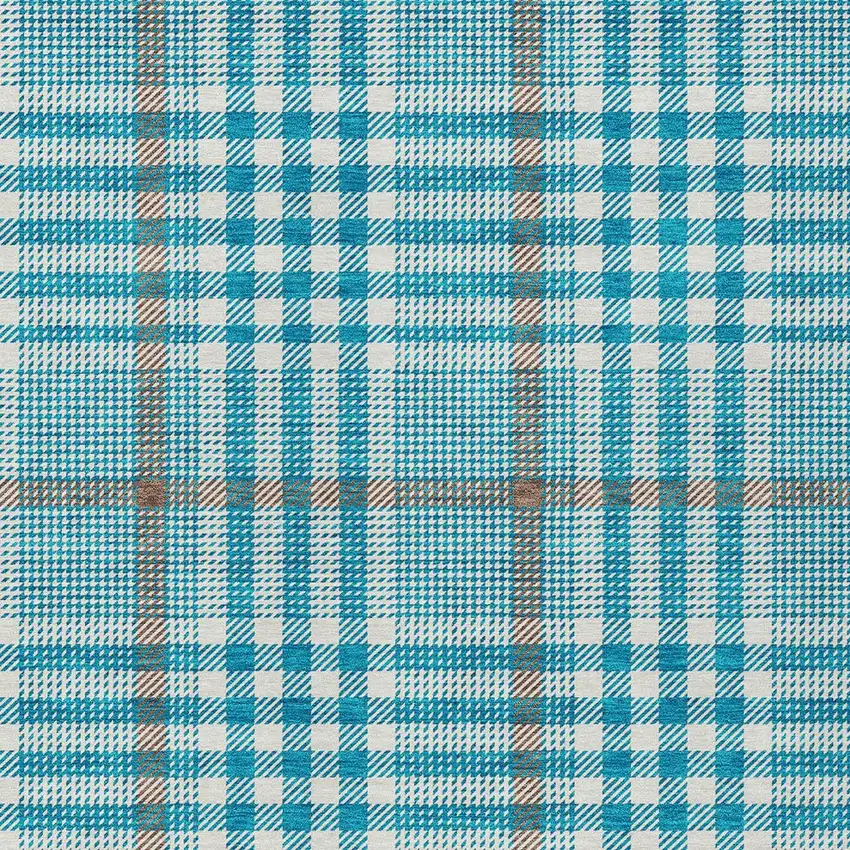 Teal Blue Ivory And Brown Plaid Washable Indoor Outdoor Area Rug Photo 5