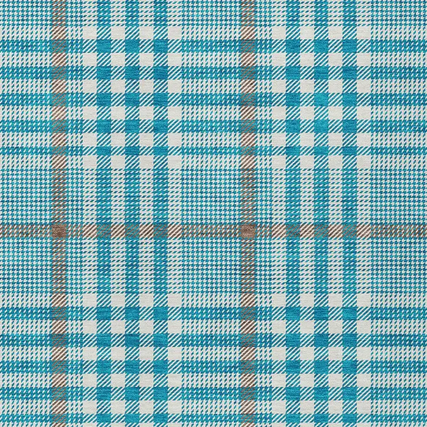 Teal Blue Ivory And Brown Plaid Washable Indoor Outdoor Area Rug Photo 5