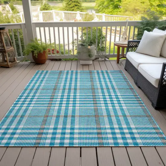 Teal Blue Ivory And Brown Plaid Washable Indoor Outdoor Area Rug Photo 7