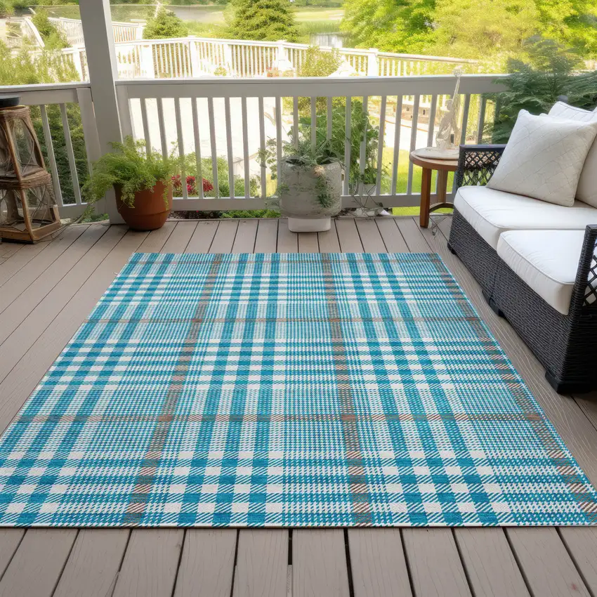 Teal Blue Ivory And Brown Plaid Washable Indoor Outdoor Area Rug Photo 7