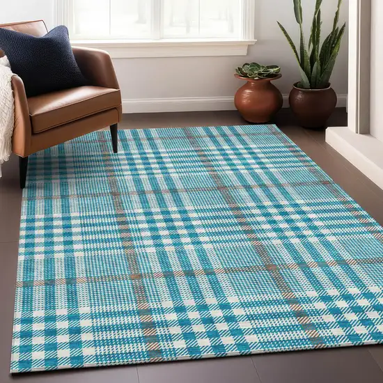 Teal Blue Ivory And Brown Plaid Washable Indoor Outdoor Area Rug Photo 8