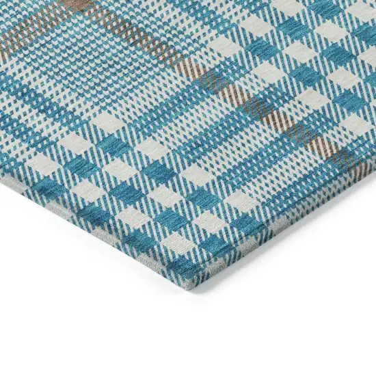 Teal Blue Ivory And Brown Plaid Washable Indoor Outdoor Area Rug Photo 4