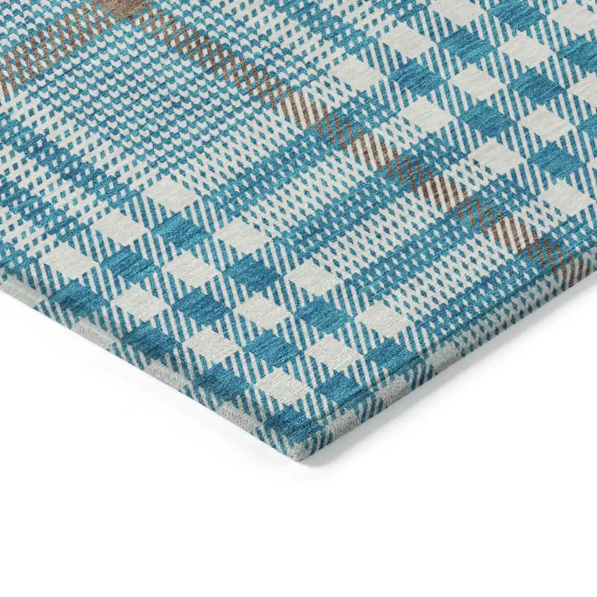 Teal Blue Ivory And Brown Plaid Washable Indoor Outdoor Area Rug Photo 4
