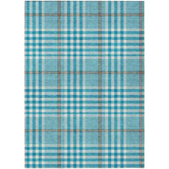 Teal Blue Ivory And Brown Plaid Washable Indoor Outdoor Area Rug Photo 2