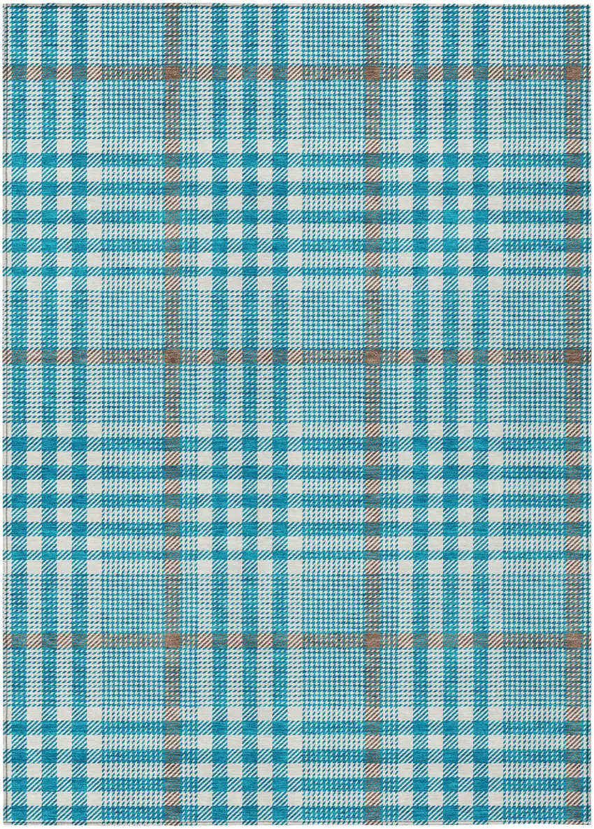 Teal Blue Ivory And Brown Plaid Washable Indoor Outdoor Area Rug Photo 2