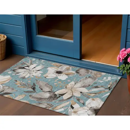 Teal Blue Ivory And Charcoal Floral Washable Indoor Outdoor Area Rug Photo 1