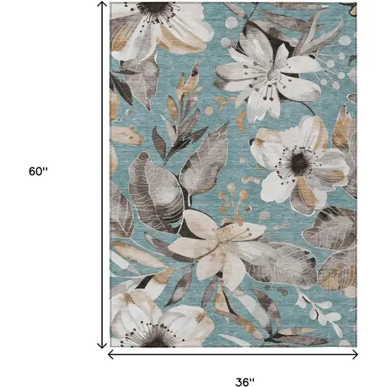 Teal Blue Ivory And Charcoal Floral Washable Indoor Outdoor Area Rug Photo 3