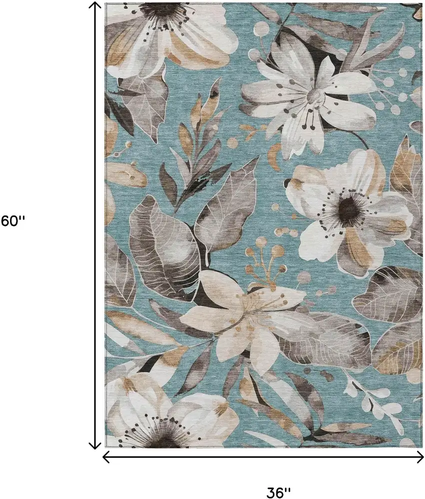 Teal Blue Ivory And Charcoal Floral Washable Indoor Outdoor Area Rug Photo 3