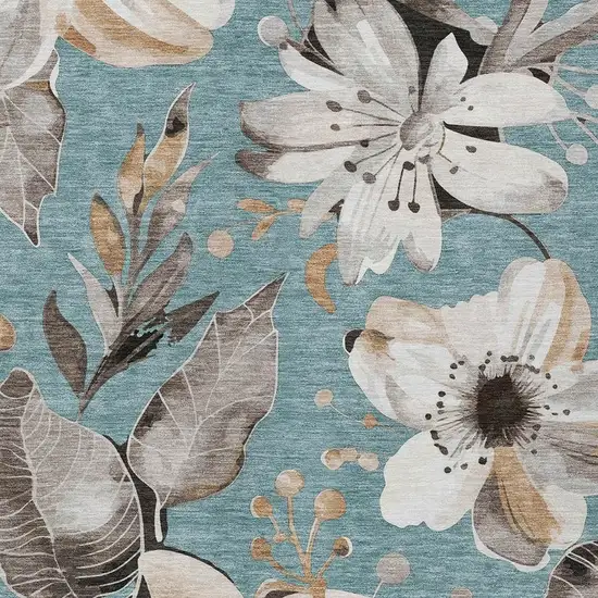 Teal Blue Ivory And Charcoal Floral Washable Indoor Outdoor Area Rug Photo 7