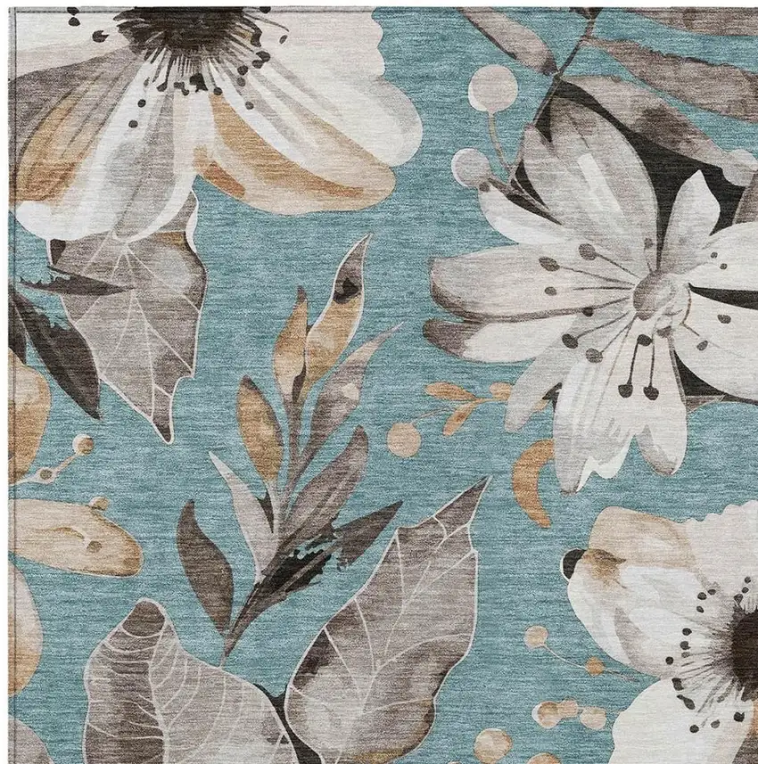 Teal Blue Ivory And Charcoal Floral Washable Indoor Outdoor Area Rug Photo 6