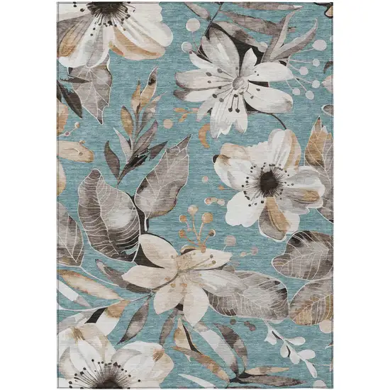 Teal Blue Ivory And Charcoal Floral Washable Indoor Outdoor Area Rug Photo 2