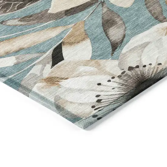 Teal Blue Ivory And Charcoal Floral Washable Indoor Outdoor Area Rug Photo 7