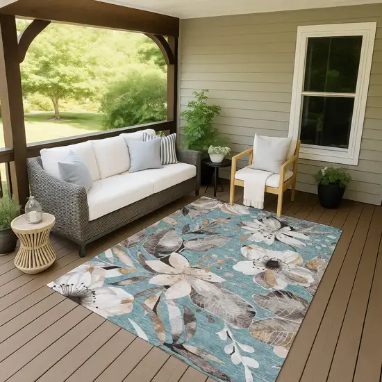 Teal Blue Ivory And Charcoal Floral Washable Indoor Outdoor Area Rug Photo 9