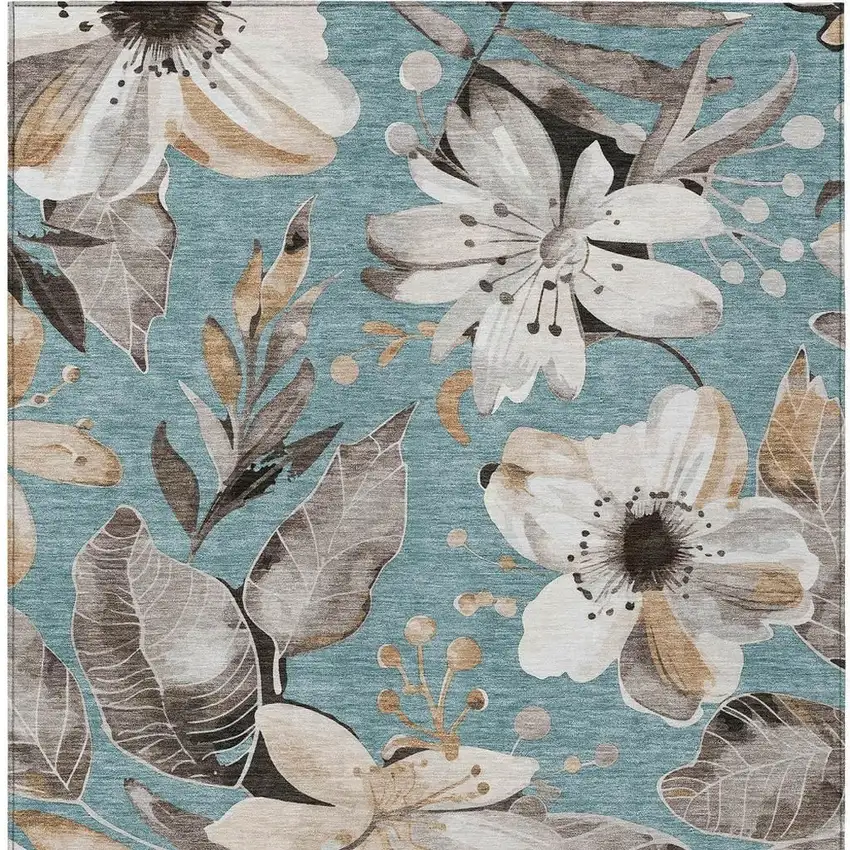 Teal Blue Ivory And Charcoal Floral Washable Indoor Outdoor Area Rug Photo 5