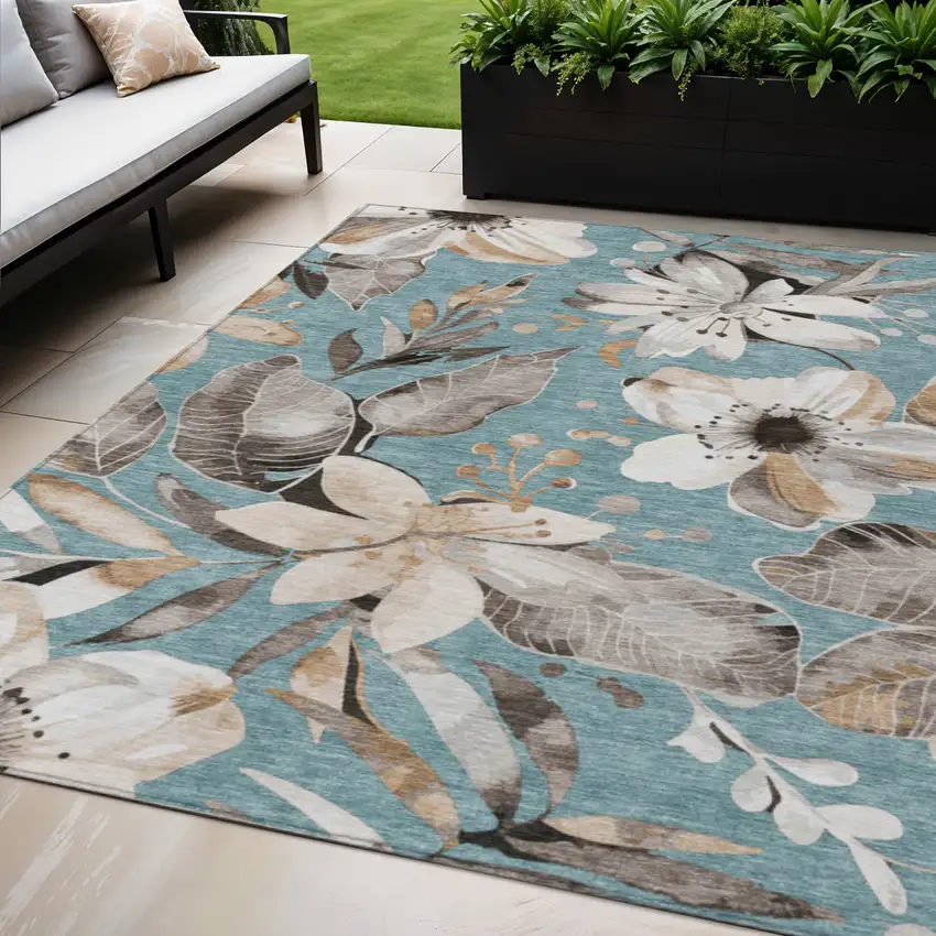 Teal Blue Ivory And Charcoal Floral Washable Indoor Outdoor Area Rug Photo 1