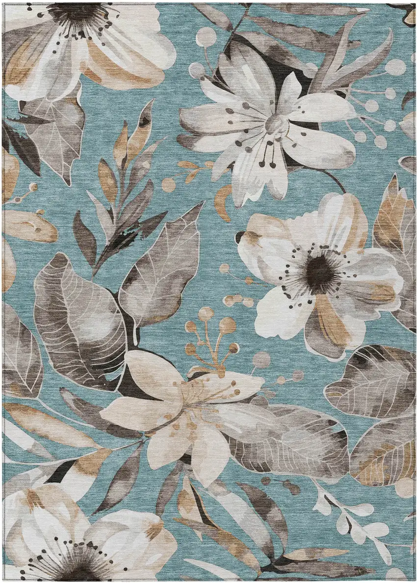 Teal Blue Ivory And Charcoal Floral Washable Indoor Outdoor Area Rug Photo 2