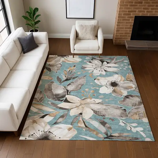 Teal Blue Ivory And Charcoal Floral Washable Indoor Outdoor Area Rug Photo 9