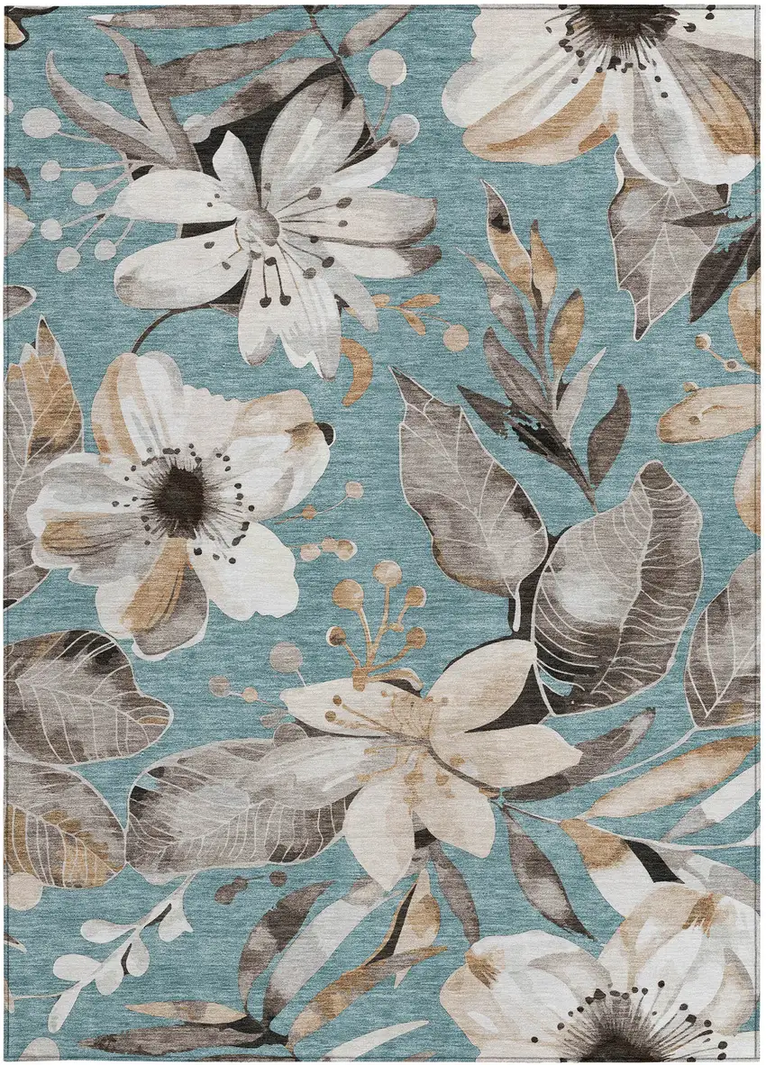 Teal Blue Ivory And Charcoal Floral Washable Indoor Outdoor Area Rug Photo 5