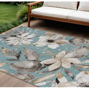 Photo of Teal Blue Ivory And Charcoal Floral Washable Indoor Outdoor Area Rug