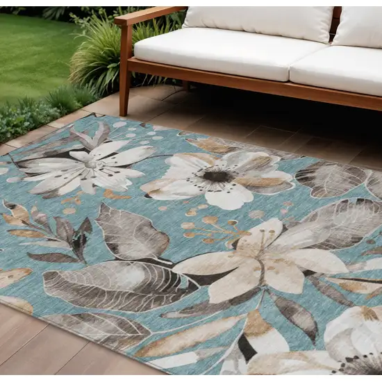 Teal Blue Ivory And Charcoal Floral Washable Indoor Outdoor Area Rug Photo 1