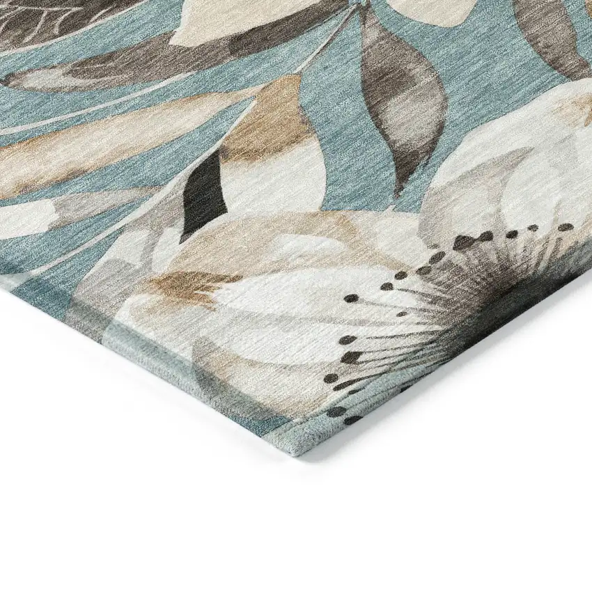 Teal Blue Ivory And Charcoal Floral Washable Indoor Outdoor Area Rug Photo 6