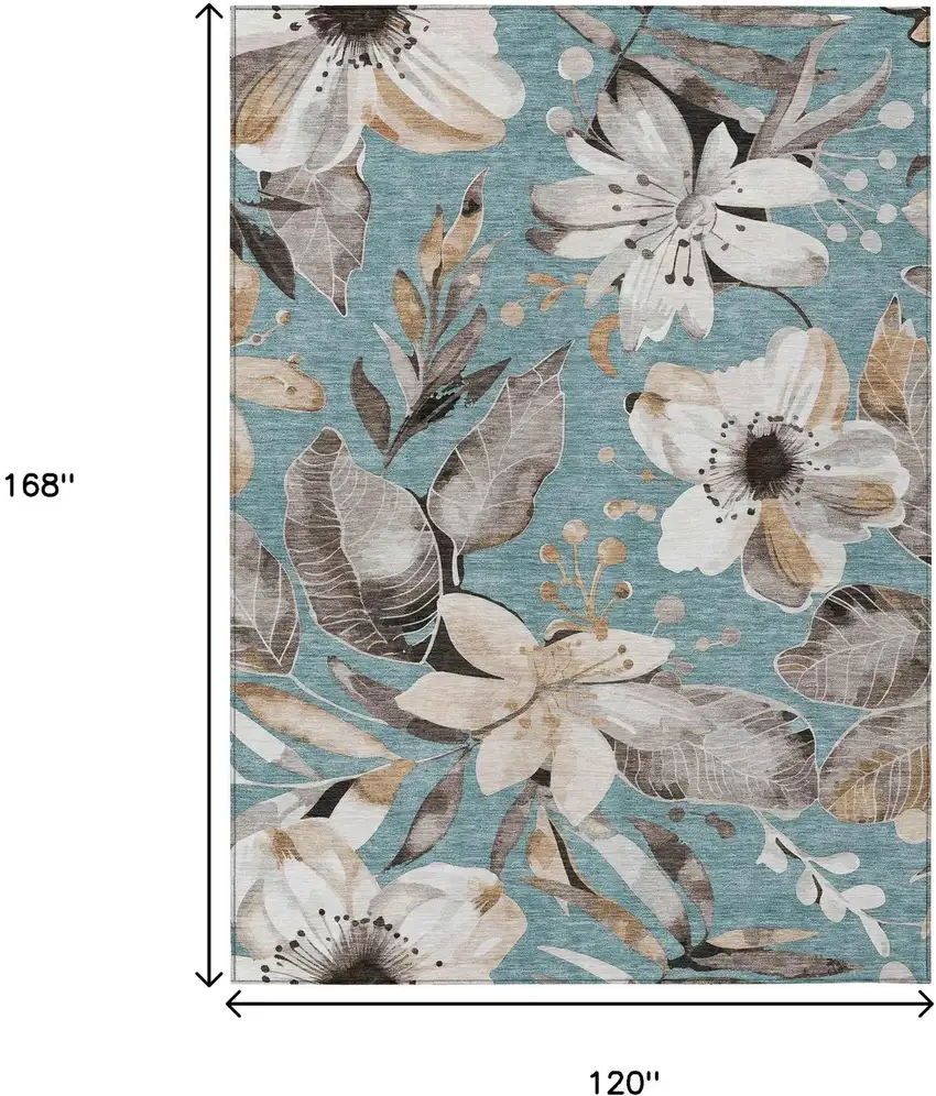 Teal Blue Ivory And Charcoal Floral Washable Indoor Outdoor Area Rug Photo 3