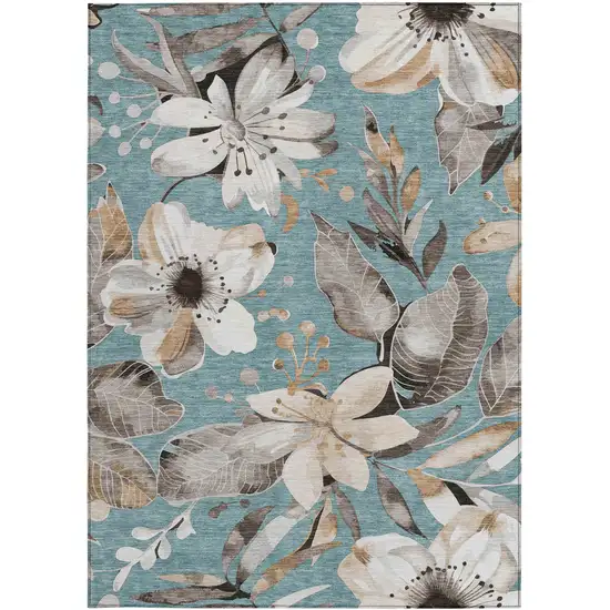 Teal Blue Ivory And Charcoal Floral Washable Indoor Outdoor Area Rug Photo 5
