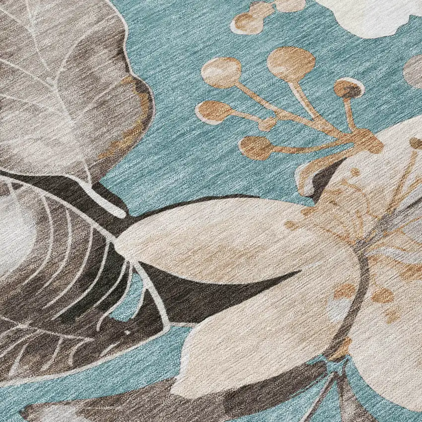 Teal Blue Ivory And Charcoal Floral Washable Indoor Outdoor Area Rug Photo 8