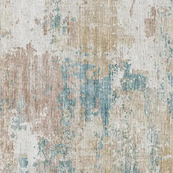 Teal Blue Ivory And Copper Abstract Washable Area Rug With UV Protection Photo 3