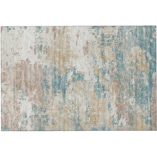 Teal Blue Ivory And Copper Abstract Washable Area Rug With UV Protection Photo 2