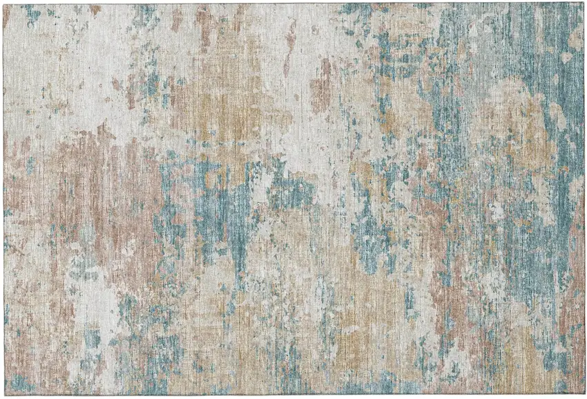 Teal Blue Ivory And Copper Abstract Washable Area Rug With UV Protection Photo 2